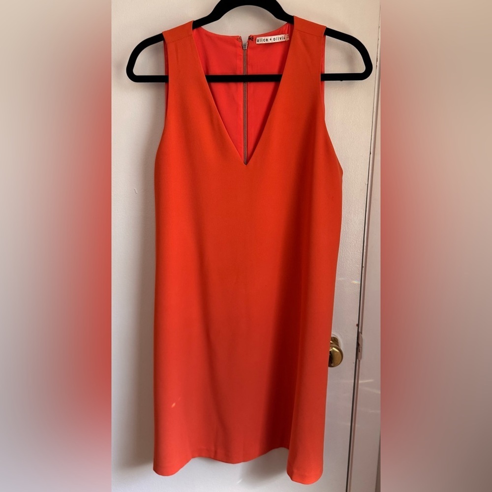 Alice + Olivia Orange V-Neck Shift Dress Size 8 Sleeveless A-Line Mini - Picture 3 of 7